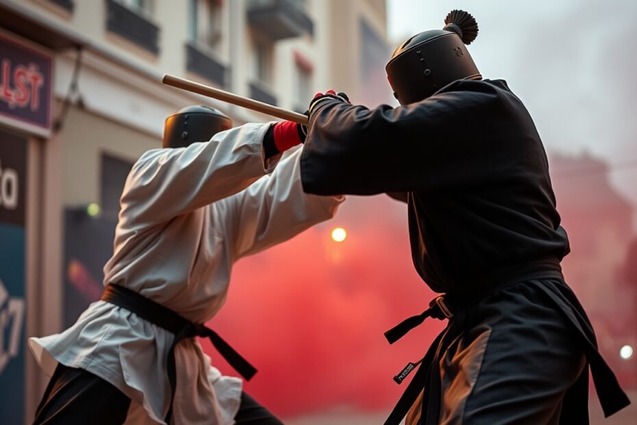 Dois artistas marciais praticando Bartitsu em ambiente urbano.