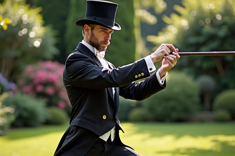 Homem vitoriano praticando Bartitsu em um jardim.