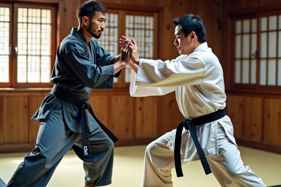 Dois artistas marciais praticando Bartitsu em um dojo.