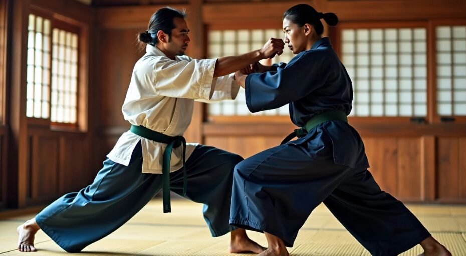 Dois artistas marciais praticando Bartitsu em um dojo.