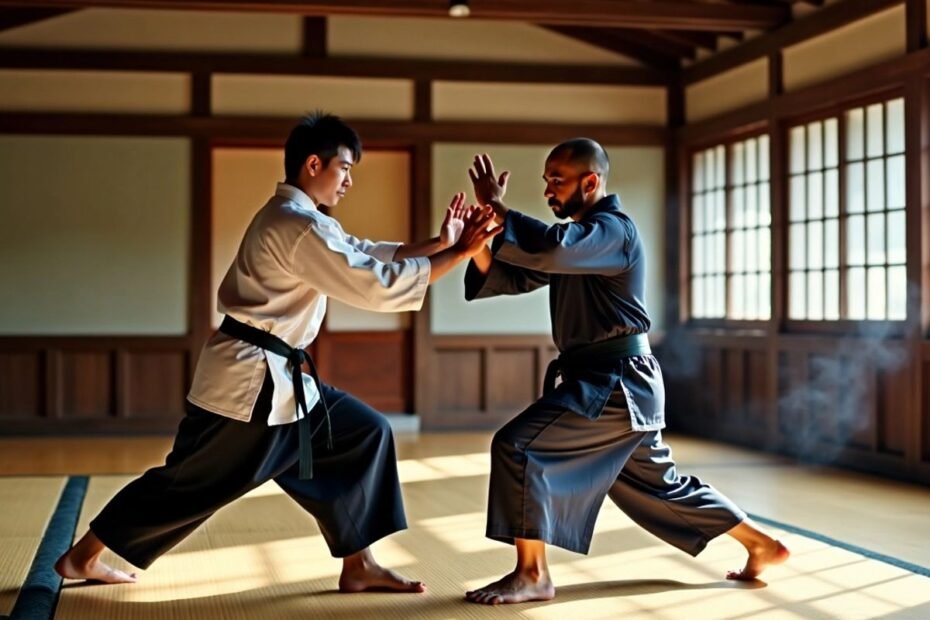 Dois artistas marciais praticando Bartitsu em um dojo.