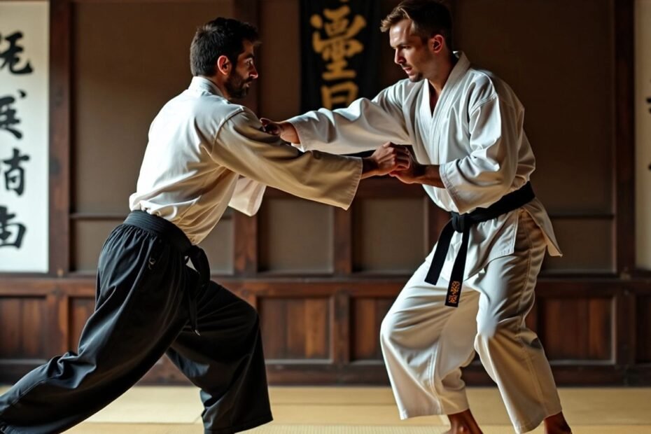 Praticantes de grappling no dojo de Bartitsu.