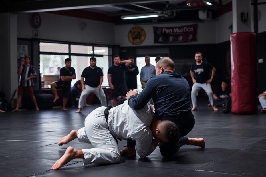 Cena de grappling com artistas marciais em ação.