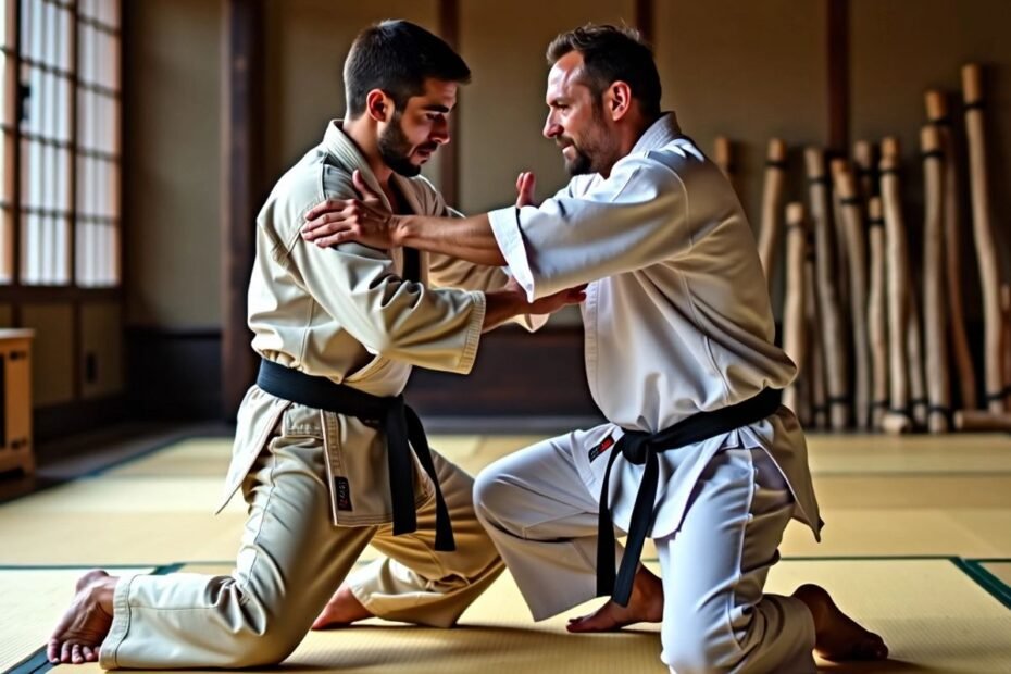 Dois artistas marciais em um dojo, demonstrando técnicas.