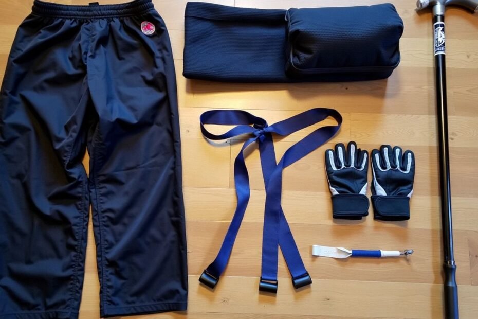 Equipamentos de Bartitsu: bengala, luvas e uniforme.