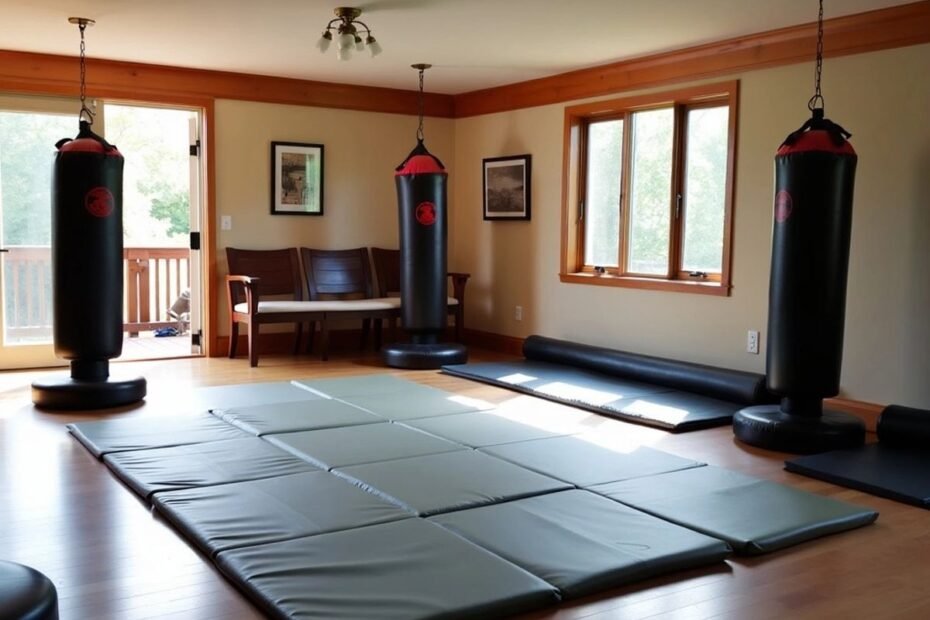 Espaço de treinamento em casa com equipamentos de Bartitsu.