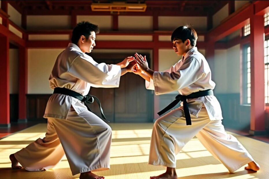 Dois artistas marciais praticando Bartitsu em um dojo.