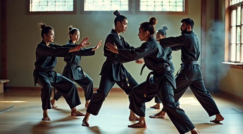 Praticantes avançados de Bartitsu em treinamento dentro de casa.