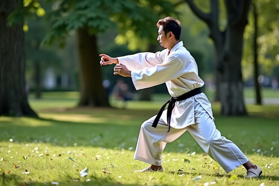 Pessoa praticando Bartitsu em um parque.