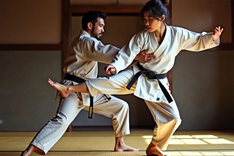 Artista marcial praticando esquiva no dojo.