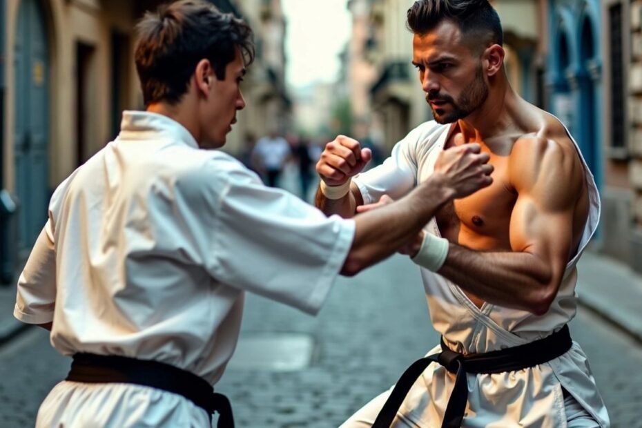 Dois artistas marciais praticando Bartitsu em ambiente urbano.