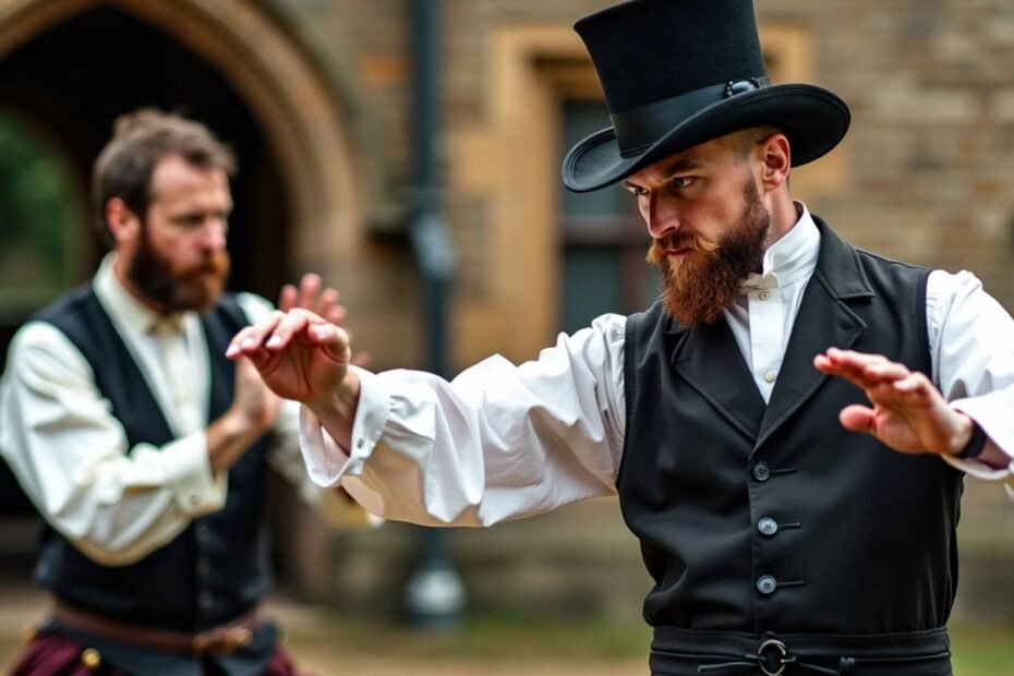 Artista marcial vitoriano praticando Bartitsu em cenário histórico.