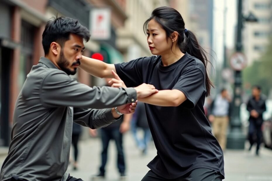 Pessoa praticando Bartitsu em ambiente urbano.