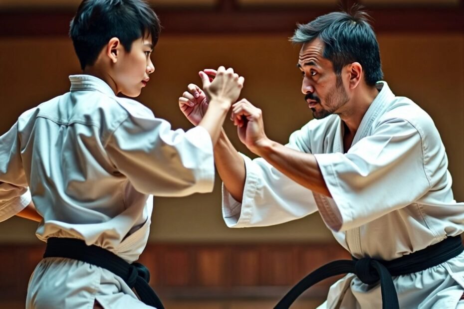 Dois artistas marciais praticando Bartitsu em um dojo.